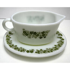 Vtg Pyrex Gravy Spring Blossom Gravy Boat w/Under Plate White Green Flowers